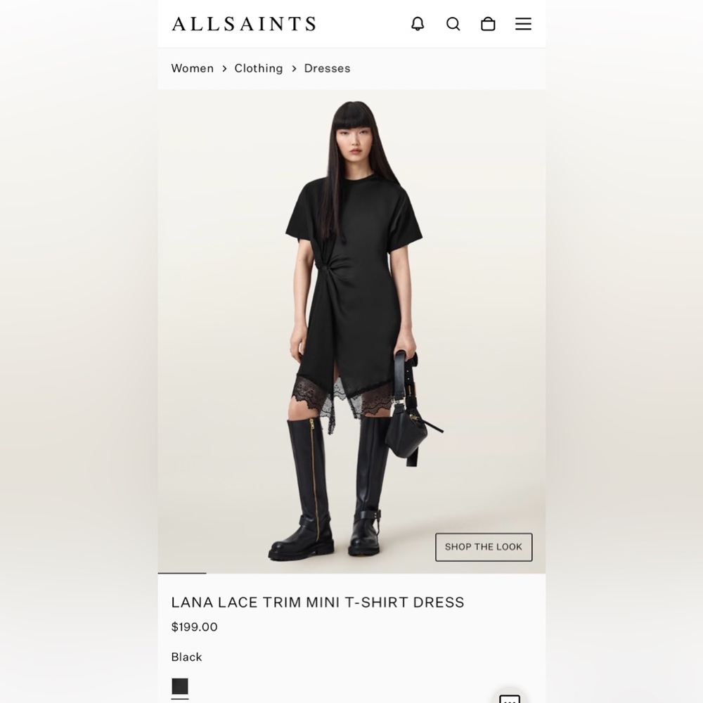 All Saints Black Asymmetrical Dress with Lace Detail